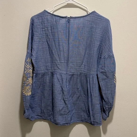 Sundance Embroidered Peplum Top Blue Tan L/S - Picture 5 of 6